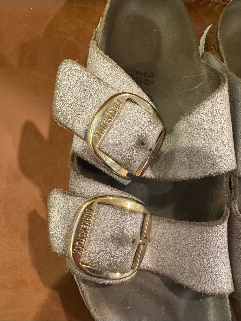 Birkenstock Arizona Sandals in Light Beige with Gold Buckles - Picture 3 of 7